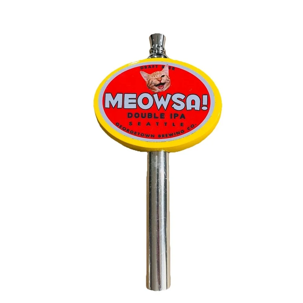Georgetown Brewing Meowsa Double IPA Tap Handle. Brewed In Seattle Washington.